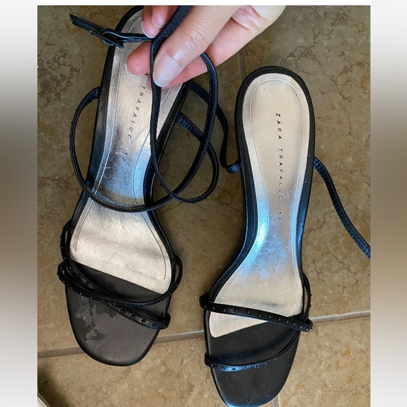 Zara black high heels sandal shoes with thin Crossed studded straps size 38 7.5 - Picture 5 of 11